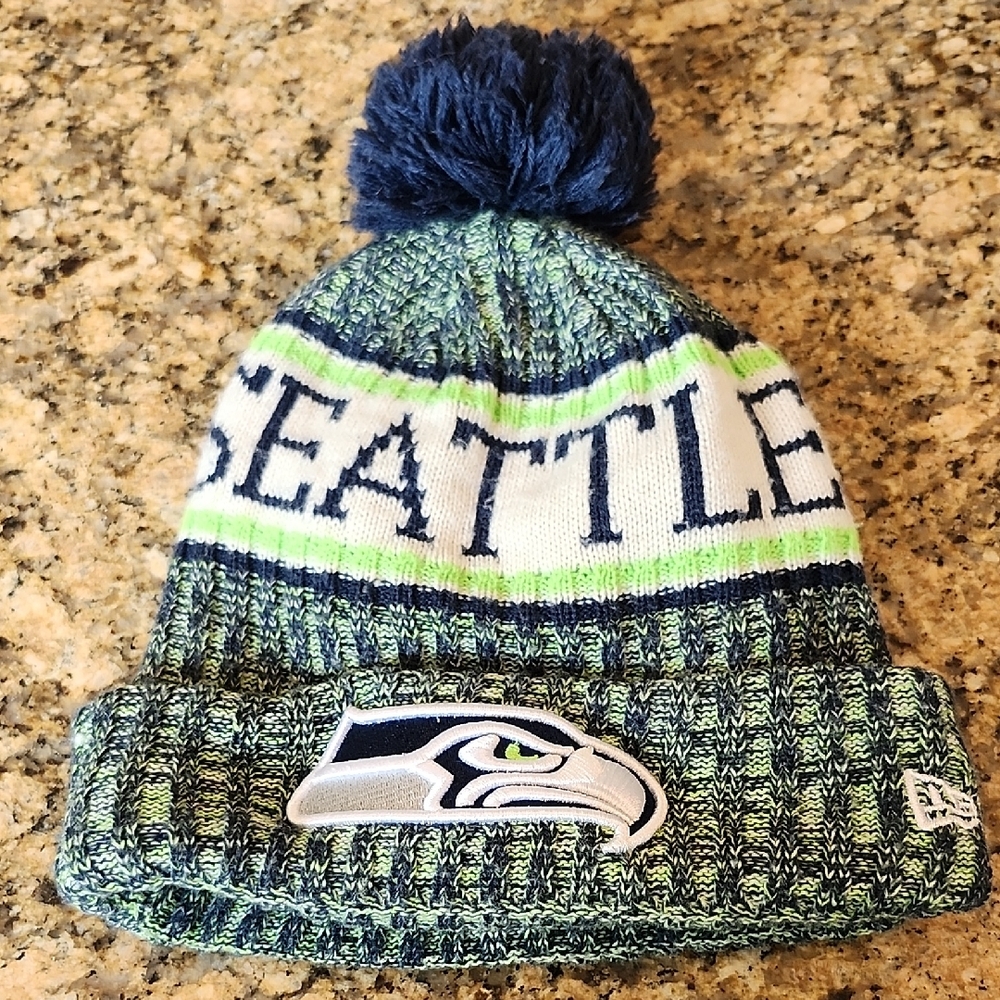 NFL Seattle Kids Pom-Pom Beanie - Blue and Green